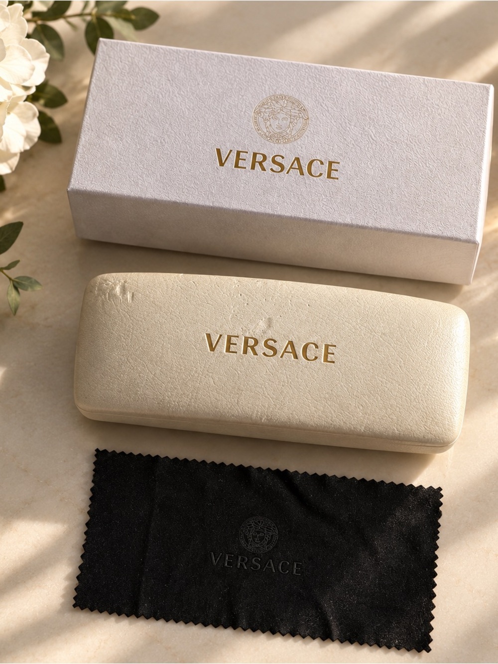 Vintage Versace eye glasses case, box and polishing cloth.